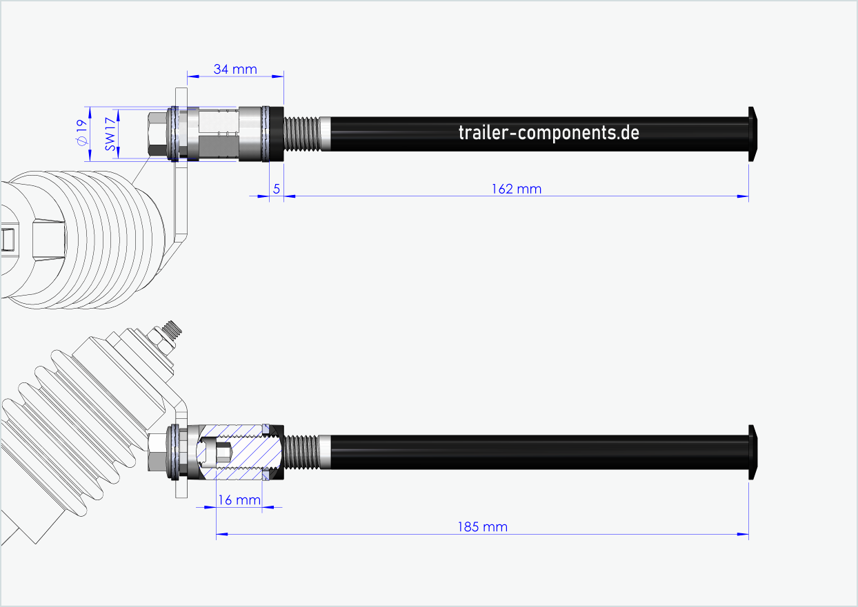 Asse a sgancio rapido con adattatore Weber per TOUT TERRAIN | per filettatura sinistra M12 x 1,50 - adatto per frizioni Weber tipo: E - EL - ES