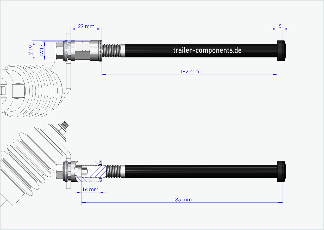 Asse a sgancio rapido con adattatore Weber per TOUT TERRAIN | per filettatura sinistra M12 x 1,50 - adatto per frizioni Weber tipo: E - EL - ES